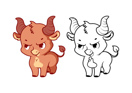 Cute angry bull. Cartoon vector character isolated on a white background with black outline.のイラスト素材