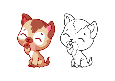 Cute little kitten. Cartoon vector character isolated on a white background with black outline.のイラスト素材