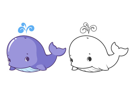 Cute little whale. Cartoon vector character isolated on a white background with black outline.のイラスト素材