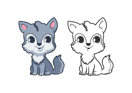 Cute little wolf. Cartoon vector character isolated on a white background with black outline.のイラスト素材