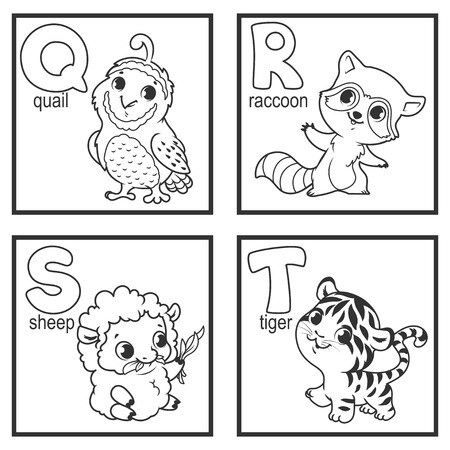 An alphabet with cute animals, letters Q to T. Funny cartoon animals. Cartoon vector alphabet isolated on a white background.のイラスト素材