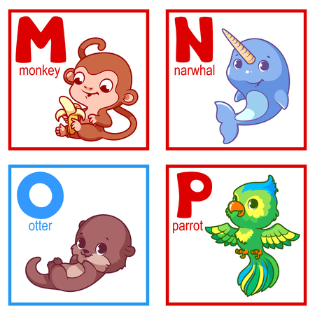 An alphabet with cute animals, letters M to P. Funny cartoon animals. Cartoon vector alphabet isolated on a white background.のイラスト素材
