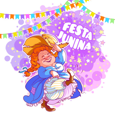 Greeting card for June Festival in Brazil. Dancing old lady in blue dress. Vector cartoon character.のイラスト素材