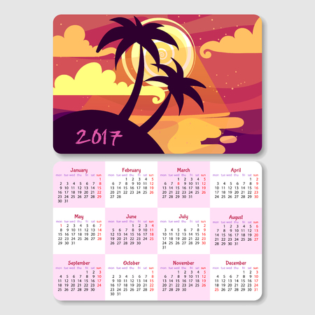 Calendar for 2017 year with landscape of summer night. Week Starts Monday. Vector calendar template horizontal orientation.のイラスト素材
