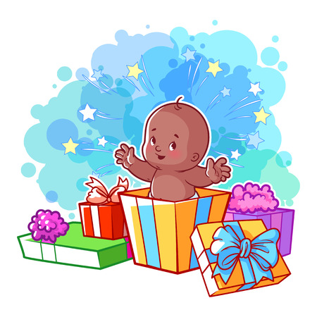 Card with cute african american baby boy in gift box. Happy toddler. Vector cartoon illustration.のイラスト素材