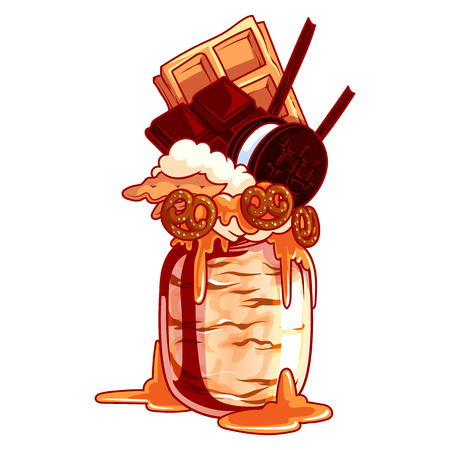 Giant milkshake with waffle, ice cream, chocolate, cookie and caramel. Monstershake in cocktail jar. Vector cartoon illustration isolated on a white background.のイラスト素材