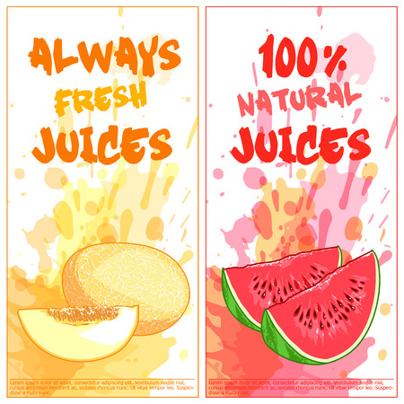 Two vertical orientation flyers with fruits. Always fresh and 100% natural juices. Vector template flayer isolated on a white background.のイラスト素材