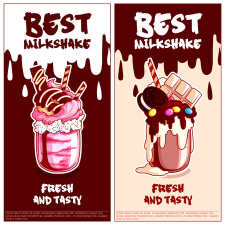 Two vertical orientation flyers for milkshakes. Best giant milk cocktail in jar. Vector template flayer isolated on a white background.のイラスト素材