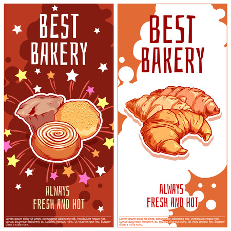 Two vertical orientation flyers for bakery. Always fresh and hot bread. Vector template flayer isolated on a white background.のイラスト素材