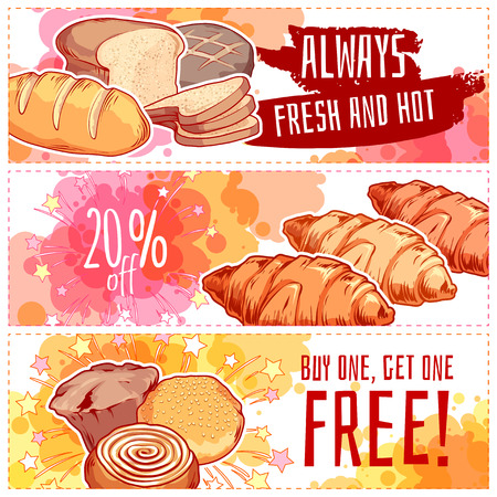 Three horizontal banners with bakery products. Bread, buns and muffins. Vector template flayer isolated on a white background.のイラスト素材