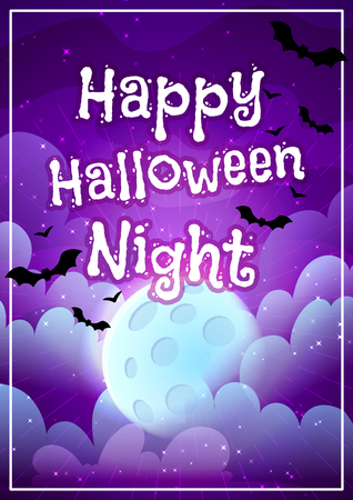 Greeting card for Halloween. Bats on background of the moon. Vector illustration in the dark tones.のイラスト素材