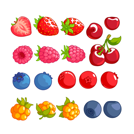 Set of different berries. Strawberry, cherry, raspberry, blueberry, cranberry, cloudberry and bilberry isolated on a white background.のイラスト素材