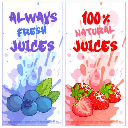 Two vertical orientation flyers with berries. Always fresh and 100% natural juices. Vector template flayer isolated on a white background.のイラスト素材
