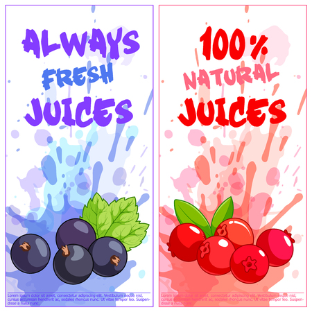 Two vertical orientation flyers with berries. Always fresh and 100% natural juices. Vector template flayer isolated on a white background.のイラスト素材
