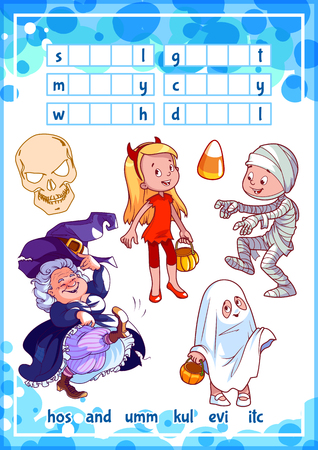 Educational game for kids. Halloween puzzle. Let's find the correct part of words. Cartoon illustration.のイラスト素材