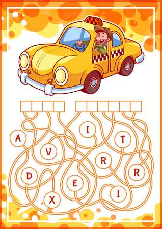 Educational puzzle game with taxi. Find the hidden word. Cartoon vector illustration.のイラスト素材