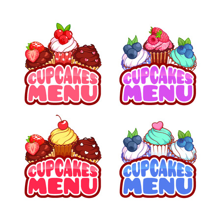 Four  template with cupcakes for menu design.  Vector illustration isolated on a white background.のイラスト素材