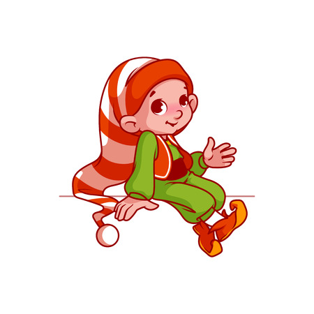 Little Santa's helper sitting on something. Vector cartoon character isolated on a white background.のイラスト素材