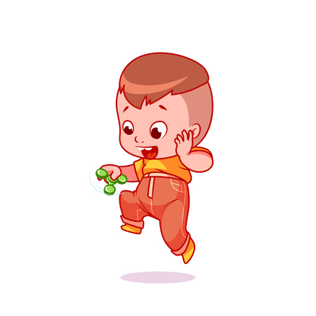 A Very happy little kid with the spinner. Funny cartoon character. Vector illustration isolated on a white background.のイラスト素材