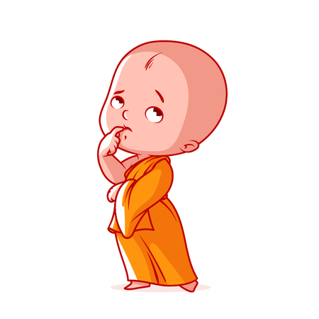 Pensive little monk in an orange robe. Cute cartoon character. Vector cartoon illustration on a white background.のイラスト素材