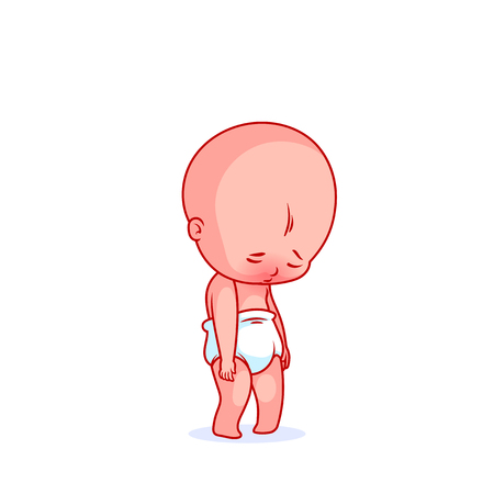 Cutest very sad baby in the diaper. The funny cartoon character. Vector illustration isolated on a white background.のイラスト素材