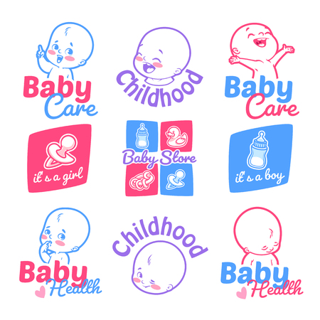 Set of cute kids logos for your business. Baby care, baby health, and badges for the baby shower. Labels isolated on a white background.のイラスト素材