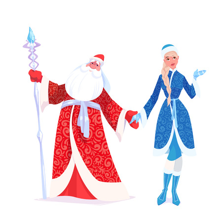 Russian Father Frost also known as "Ded Moroz"  and his granddaughter "Sneguroschka". Vector cartoon illustration.のイラスト素材