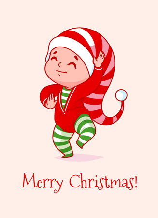 Christmas card with a funny dancing baby. Vector cartoon illustration.のイラスト素材