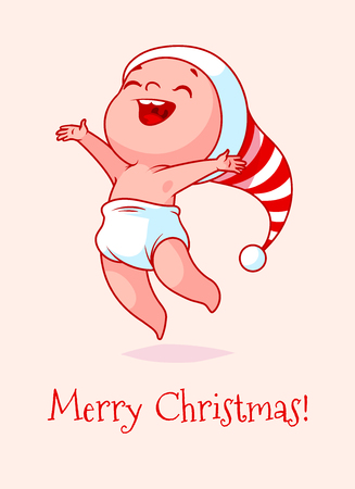 Christmas card with a funny jumping baby. Vector cartoon illustration.のイラスト素材