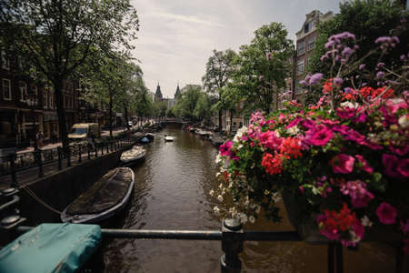 Amterdam cityscape with canal, bridge and typical Dutch Houses. Amsterdam, Netherlands.のeditorial素材