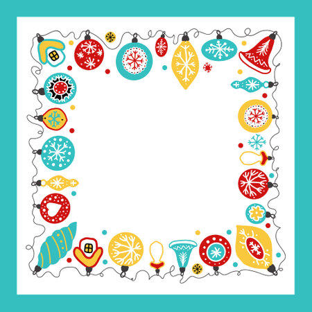 Square New Year's frame for congratulatory inscriptions, postcards, announcements, promotions. Colorful hand painted Christmas decorations.のイラスト素材