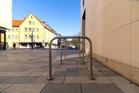 Bicycle parking. Parking space under the shopping center. Urban infrastructure. Ecological transport. Metal constructions.の写真素材