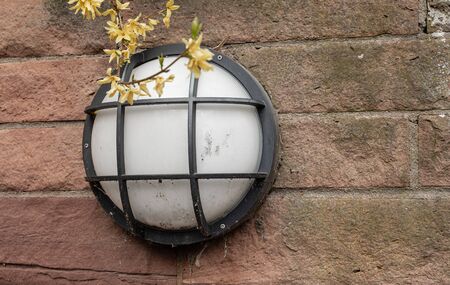 City lighting. A street lamp on the wall. White lampshade with a metal cover. A place to walk. Promenade in the city park.の写真素材