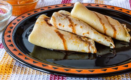 Pancakes with cheese and fruit. Home kitchen. Homemade dishes. Fresh fruit. Sweet and colorful dessert. White cheese. Mandarins and citruses.の写真素材