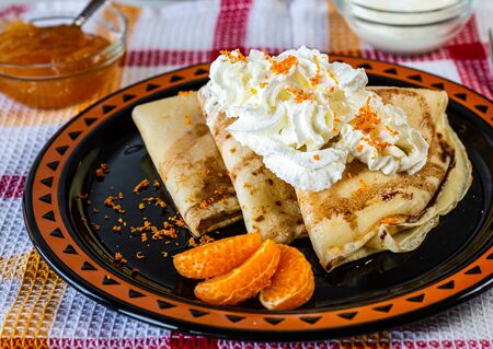Pancakes with cheese and fruit. Home kitchen. Homemade dishes. Fresh fruit. Sweet and colorful...