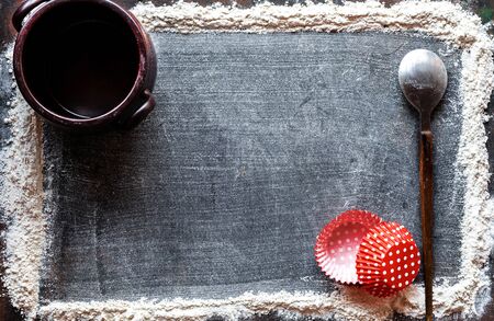 The flour on a blank. Baking cakes. Homemade pastries. Wheat flour. Home cooking. The best cakes. Confectioner's work. Homemade sweets.の写真素材