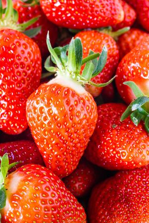 Fresh Strawberries. Seasonal, juicy fruit. Dessert ingredient. Strawberries in the basket. Red fruits. Soft food. Macro picture.の写真素材