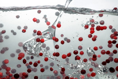 Glass of martini falling down into the water with bubbles and red berriesの写真素材