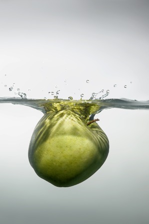 Tempting green apple under the water close to surfaceの写真素材