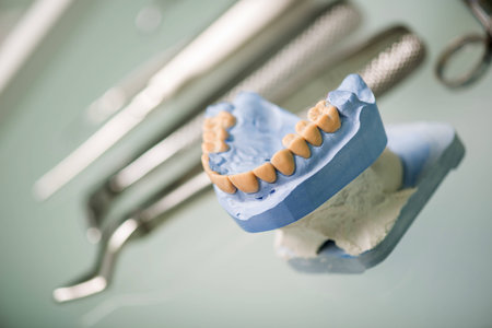 Selective focus on the false tooth lying near the steel dentist equipment on backgroundの写真素材