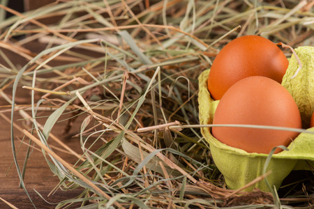 Selective focus on the green container for eggs lying surrounded by the straw on the wooden surface