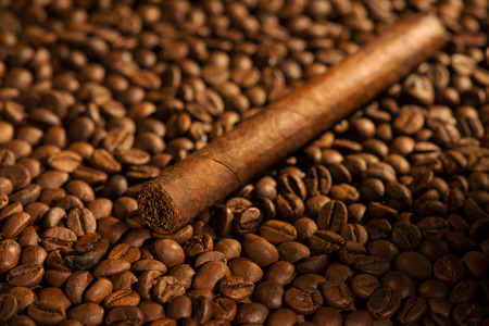 Selective focus on the Cuban cigar lying on the heap of coffee beansの写真素材