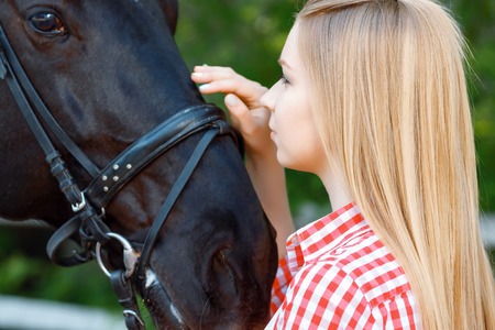 Pleasing moment. Upbeat girl palming the horse and keeping her glance on mammal while standing turned three-quarter back.の写真素材