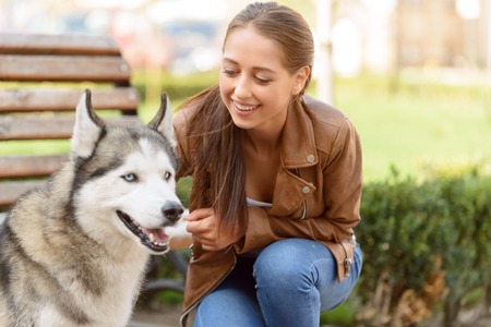 Animal lover. Happy attractive blissful young girl touching dog and playing while expressing gladnessの写真素材