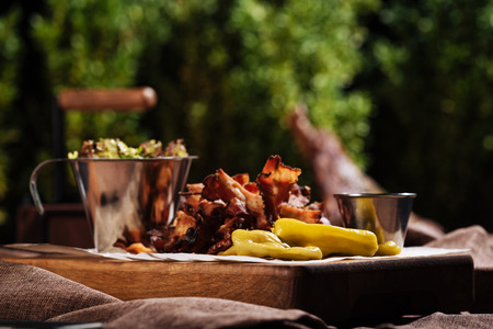 Close up of a tray with food standing in restaurantの写真素材