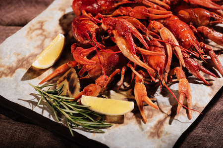 Crayfishes with lemon and rosemary lying on a pitaの写真素材