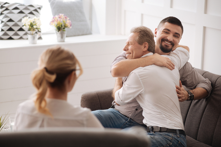 Joyful happy gay couple being in loveの写真素材