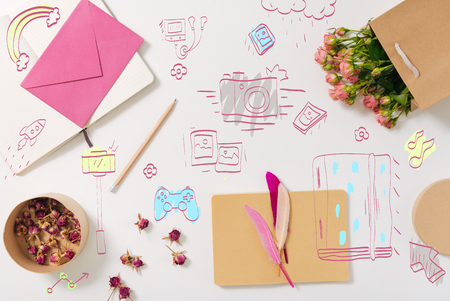 Bunch of flowers lying on the tableの写真素材