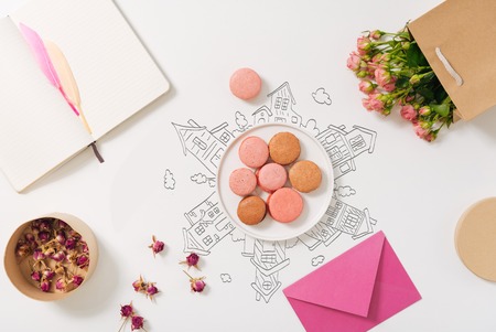 Top view of bunch of flowers and macaronesの写真素材