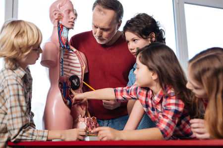 Adorable little student asking questionsの写真素材